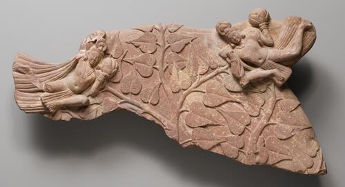 Nimbus Fragment with Celestial Beings and Bodhi Tree