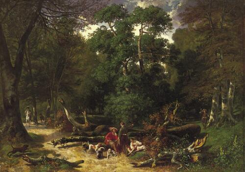 Woodland Scene with Hunters